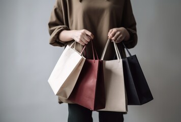 Woman With Colorful Paper Shopping Bags Holds Them Off White Background. Generative AI