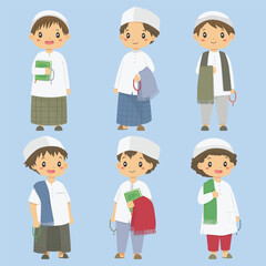 set of muslim boys wearing sarong, carrying praying mat or sajadah and prayer beads. cute muslim boys vector set.