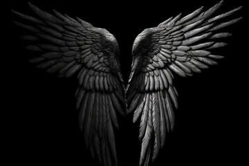 Black Angel Wings On Black Background. Generative AI