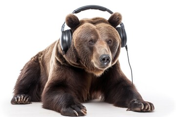 Bear With Headphones On White Background. Generative AI