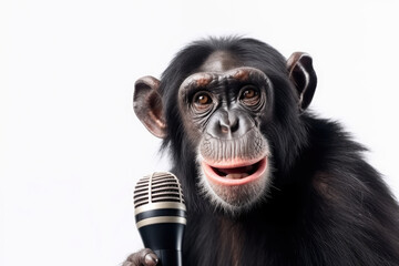 Chimpanzee With Microphone On White Background. Generative AI