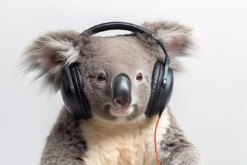 Koala With Headphones On White Background. Generative AI