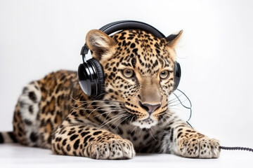 Obraz premium Leopard With Headphones On White Background. Generative AI