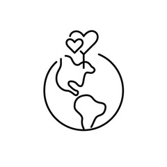 Two hearts intertwined. Map pointer on Earth. Finding match on global level. Pixel perfect, editable stroke line icon