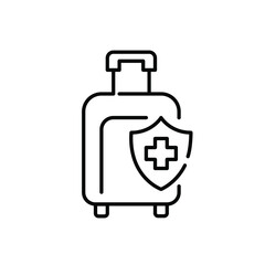 Obraz premium Travel insurance. Wheeler suitcase for airplane trip. Pixel perfect, editable stroke icon