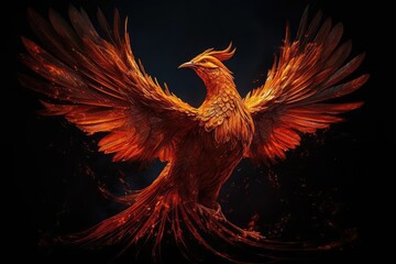 Obraz premium Phoenix Bird, Rising From The Ashes, Symbolizing Rebirth And Renewal. Generative AI