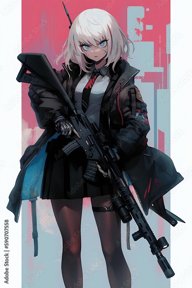 Wall mural cyberpunk style clothes, anime young blue hair woman wearing armor holding a red submachine gun, wearing black mini skirt. generative AI