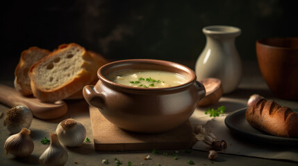 Creamy French Garlic Soup in a Rustic Bowl, Perfect for Cozy Winter Nights, food photography. Generative AI