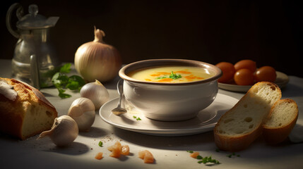 Aromatic and Flavorful French Garlic Soup Served with Croutons and Parsley Garnish, food photography. Generative AI
