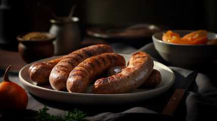Bratwurst: A mouth-watering German delicacy, food photography. Generative AI