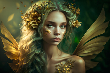 Green Fairy made with Generative AI
A digital painting of a pretty green and gold fairy.