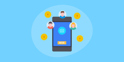 Refer and earn mobile app, affiliate marketing strategy business promotion networking concept. Earning money with referring product to other people vector banner.