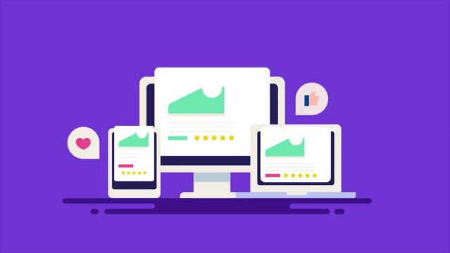 Responsive ads programmatic media ad network displaying ecommerce product advertising on multiple digital device screen, business animation video.
