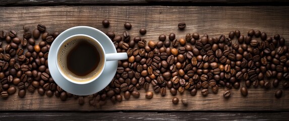 Cozy Coffee Haven: Rustic Wooden Floor, Steaming Cup, and Aromatic Beans in a Warm and Inviting Setting