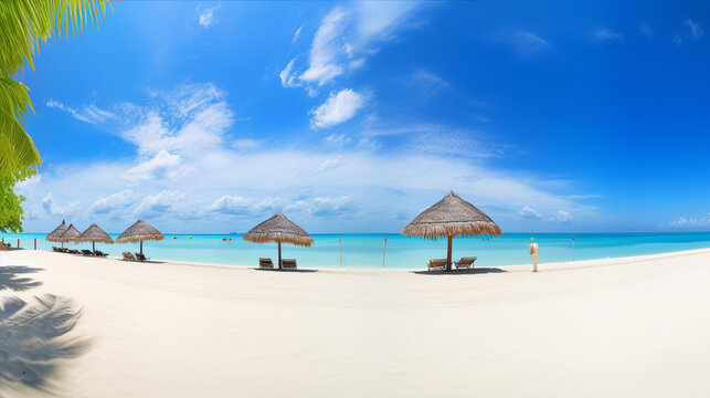 Illustration Of Beautiful Beach With Umbrellas, White Sand Turquoise Ace, Copy Space For Text, Generative Ai