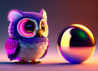 Fototapeta premium A realistic cute adorable baby owl made of crystal ball with low poly eye's surrounded by glowing aura concept art with vivid beautiful colors generative ai