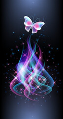 Glowing fairytale wave smoke with magical butterfly against the background of the starry night sky. Abstract fantastic background.