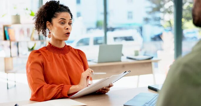 Job interview, documents and business people with cv, resume or portfolio review for meeting with hr manager. Paperwork, opportunity and Human Resources woman talking to client or employee in hiring