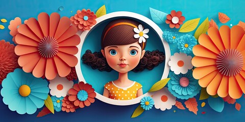 childrens day - A cute Kid with papercut colorful flower background, beautiful floral background with kid, children's day