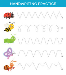 Hand writing practice worksheet with cute insects educational game for kids