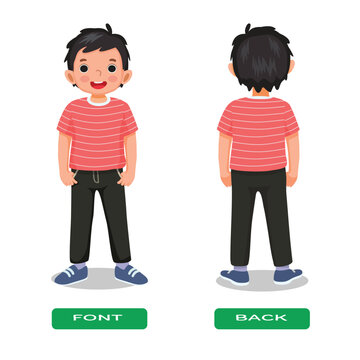 Opposite words antonym font back with little boy standing