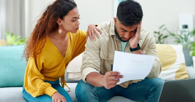 Financial bills, problem and couple stress over house mortgage loan, insurance balance or overdue payment. Depression, mental health and sad woman and man with paperwork, invoice or bank credit debt