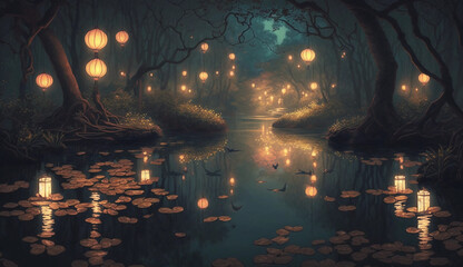 Enchanted Forest with Glowing Pond and Floating Lanterns