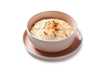 Fresh prepared rice pudding garnished with cinnamon flakes.  Healthy breakfast for every day. Isolated on white background. 