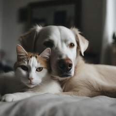 寄り添う猫と犬_Cuddly cat and dog_Generative AI 