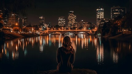 Fototapeta na wymiar City style at night: The photo shows the beautiful scenery of the city at night, the lights on the river and the reflection of the woman add a romantic atmosphere, showing the prosperity and mystery o
