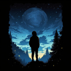 Fototapeta premium the silhouette of a guy in a hoodie pulls one hand to the brightest star in the night sky Created with generative AI tools.