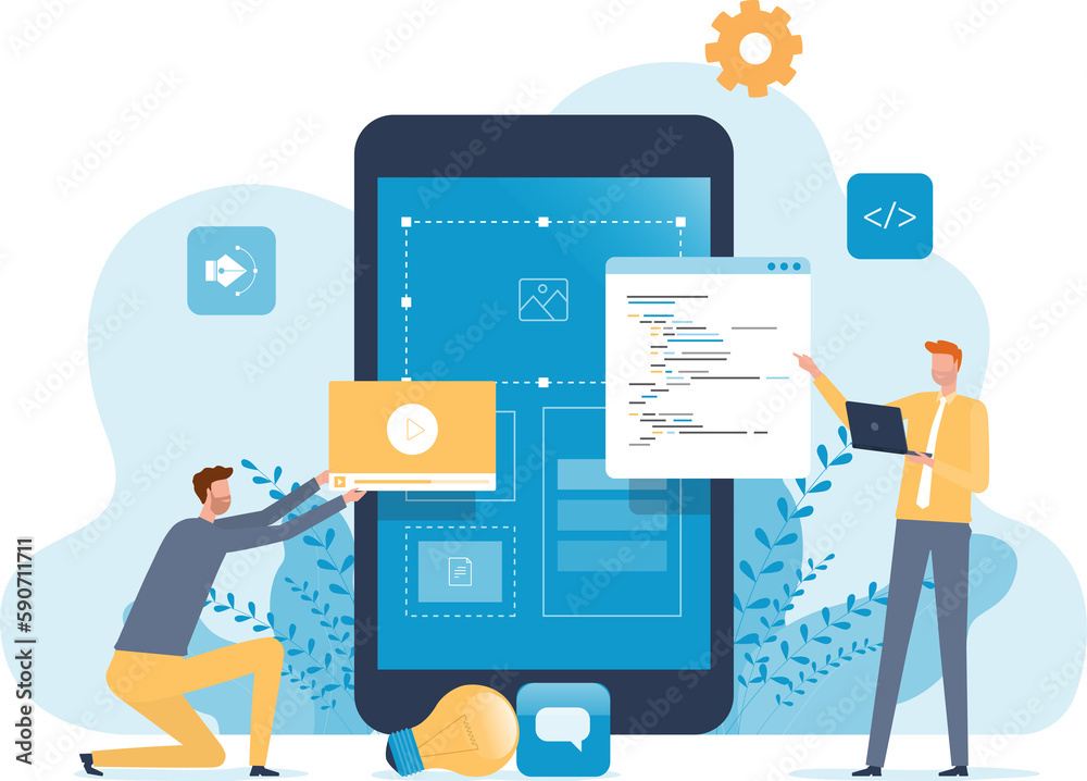 Poster Business mobile application developer and designer team working process concept.