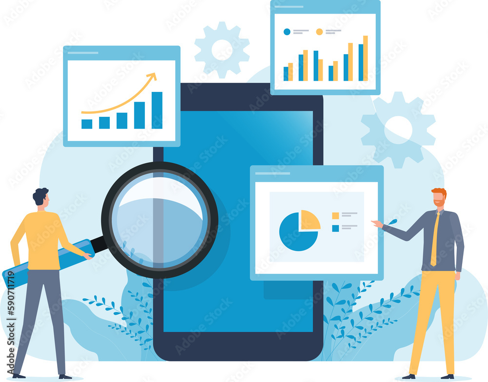 Aufkleber business people analytics and monitoring report dashboard on mobile phone application monitor concept and flat vector illustration design data analytics research for business finance planning.