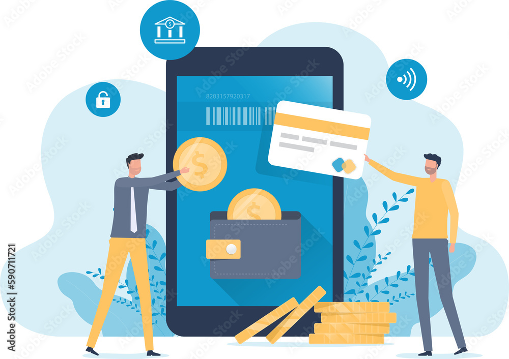 Poster flat vector business technology mobile wallet and online payment with smartphone concept and mobile 