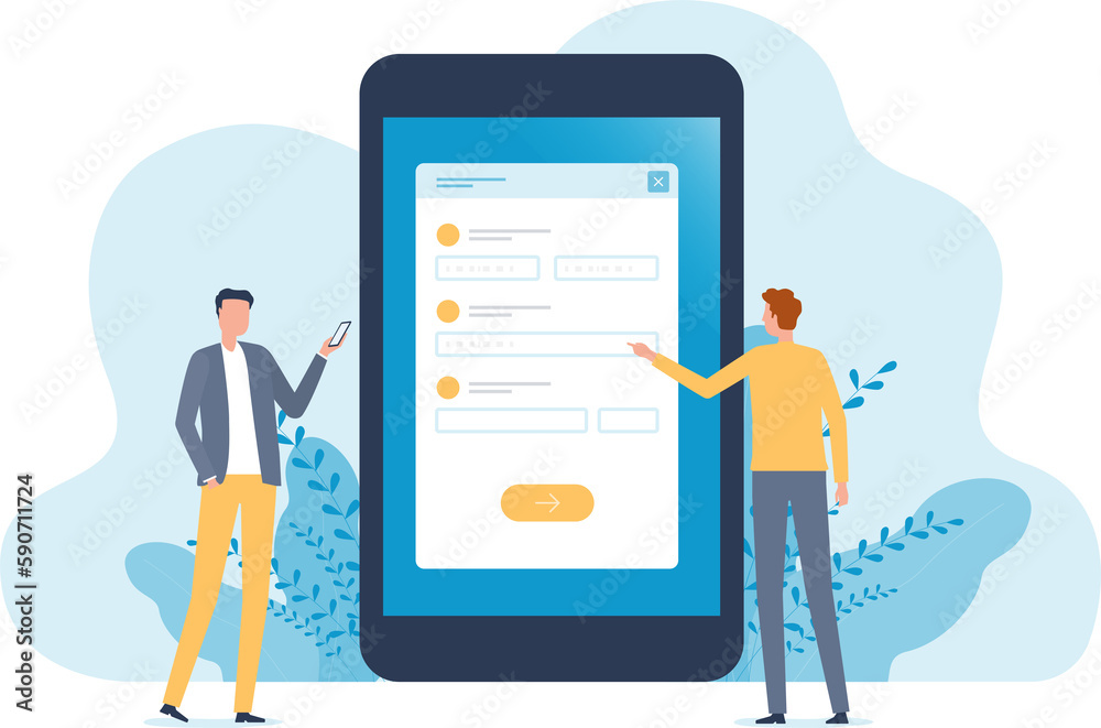 Aufkleber Flat vector people business team working development mobile application form registration online concept	

