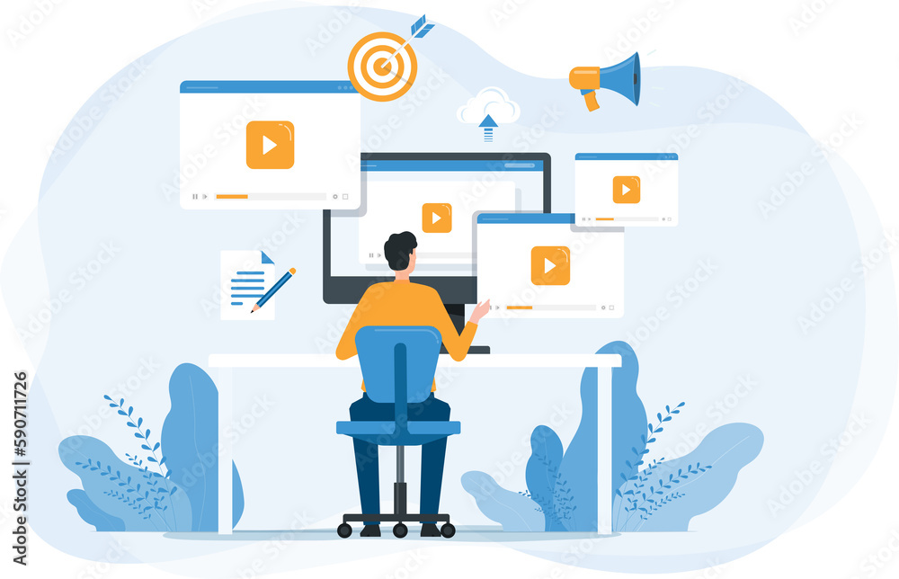 Aufkleber flat vector business video marketing content online concept and people create video and upload on cl