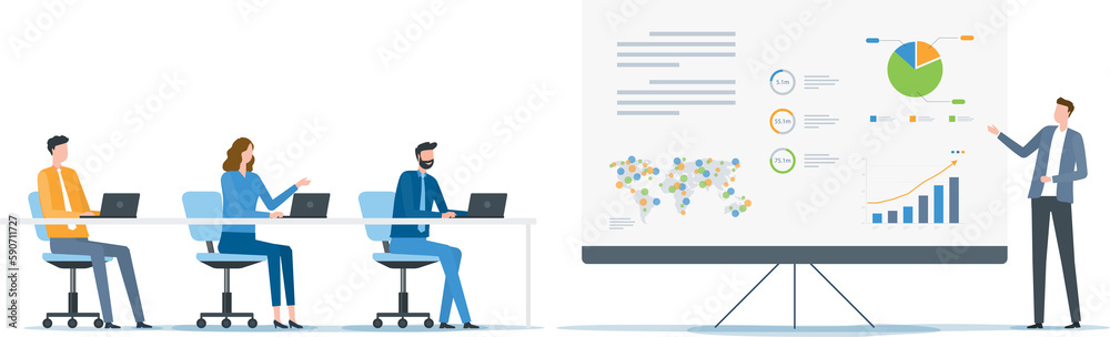 Leinwandbilder flat vector business team meeting and training collaboration with business man presentation infograp
