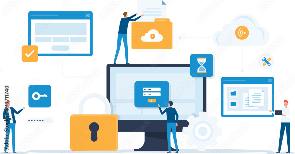 Poster  business technology document management system storage backup concept and cloud server service with administrator and developer team working concept
