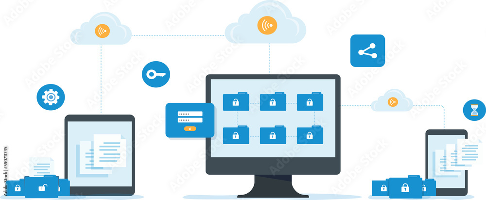 Poster flat vector business technology document management system storage backup concept and cloud server service	
