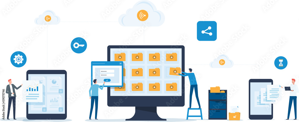 Poster business technology document management system storage backup concept and cloud server service with administrator and developer team working concept