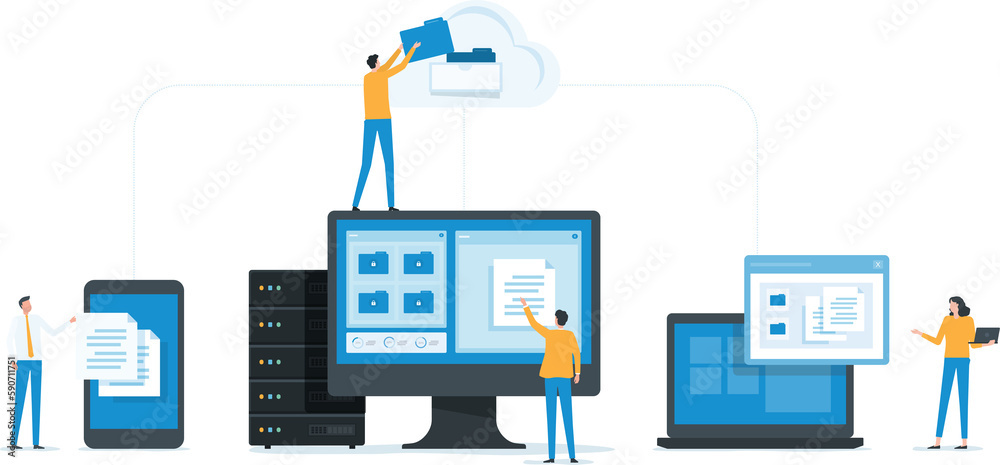 Poster business technology document management system storage backup concept and cloud server service with administrator and developer team working