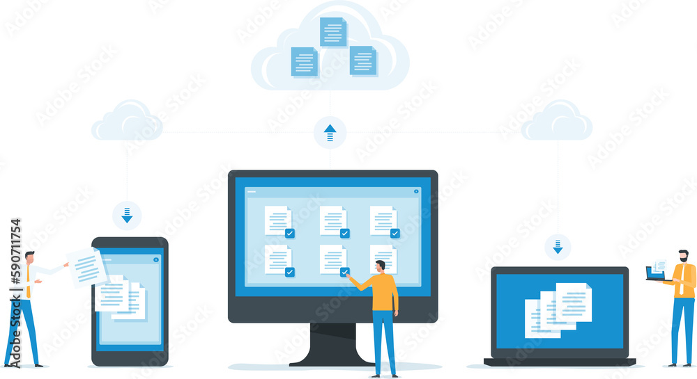 Poster business technology document management system storage backup concept and cloud server service with administrator and developer team working 