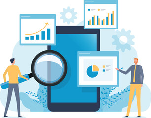 business people analytics and monitoring report dashboard on mobile phone application monitor concept and flat vector illustration design data analytics research for business finance planning.