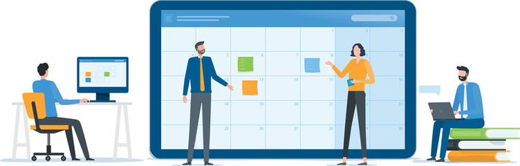 Flat vector illustration design Business online meeting planning concept and Business people team working with digital online calendar	
