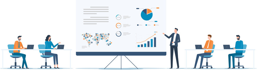 flat vector business team meeting and training collaboration with Business man presentation infographic data on projector screen dashboard - obrazy, fototapety, plakaty