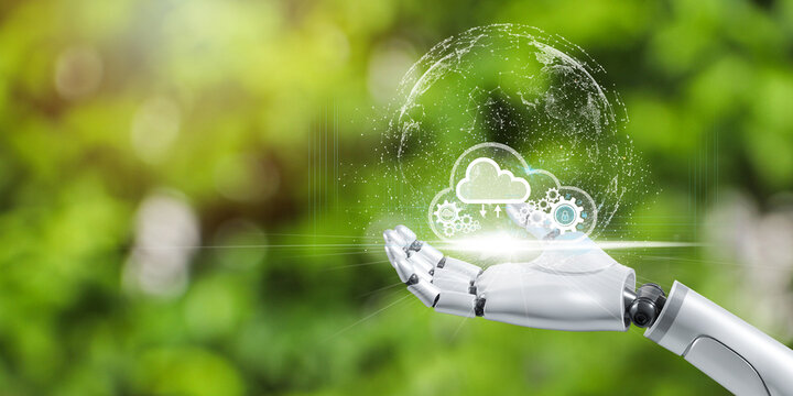 Robot holding cloud technology concept Global network of global business Megatrends on the Internet for Telecommunication.