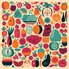 Fruits and Vegetables - A flat style illustration featuring a variety of fruits and vegetables arranged in an eye-catching way, with each item drawn in a simplified and geometric style. Generative AI.
