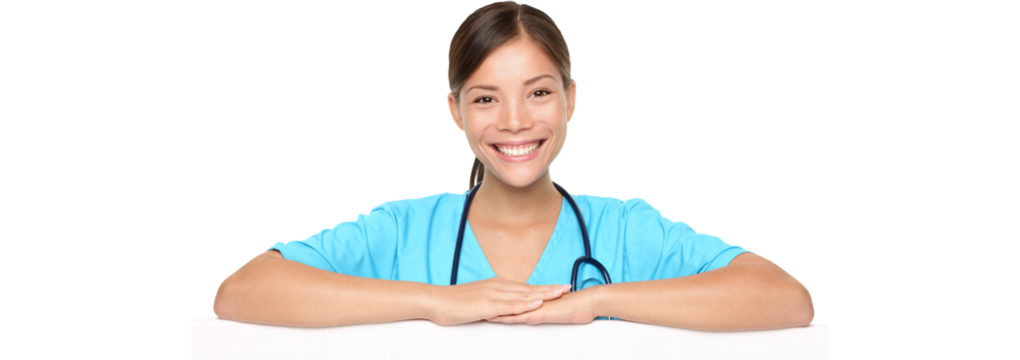 Doctor or Nurse Sign. Portrait of happy female surgeon with stethoscope around neck isolated over white background - Powered by Adobe