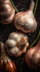 Garlic, adorned with glistening droplets of water. Generative AI