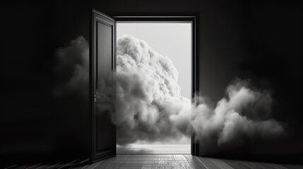 cloud entering an open door, surreal minimal abstract concept black and white